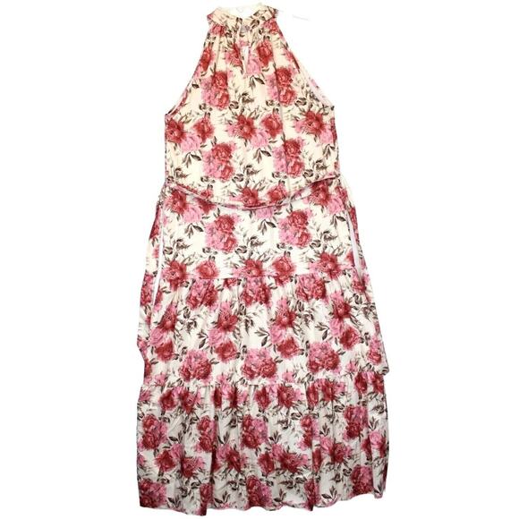 Shein Maxi Dress Halter Neck Women L Satin Beige Pink Floral Summer Beach - Picture 3 of 16